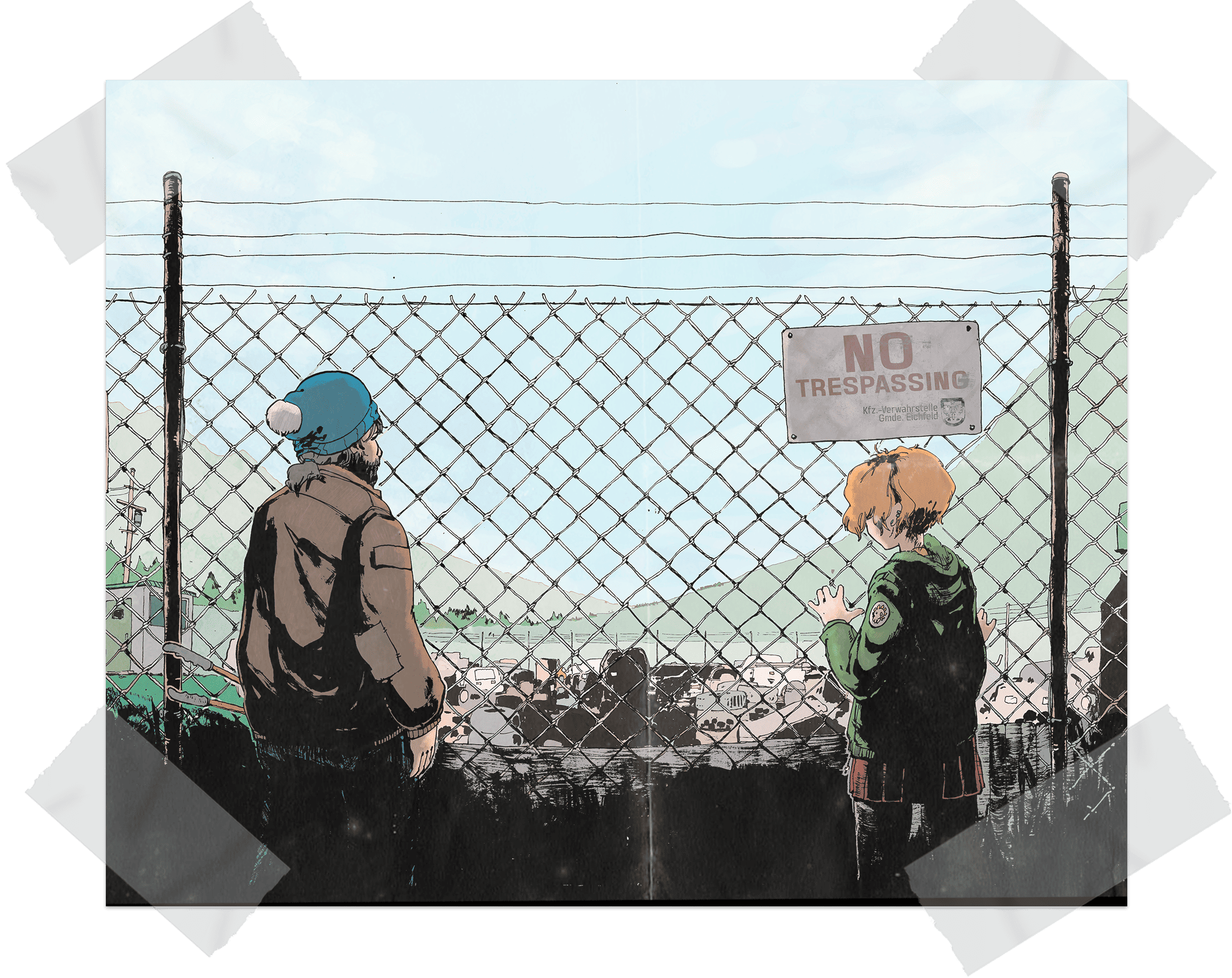 A comic panel from the graphic novel Sunny Side Down showing Sunny and Pit in front of a junkyard
