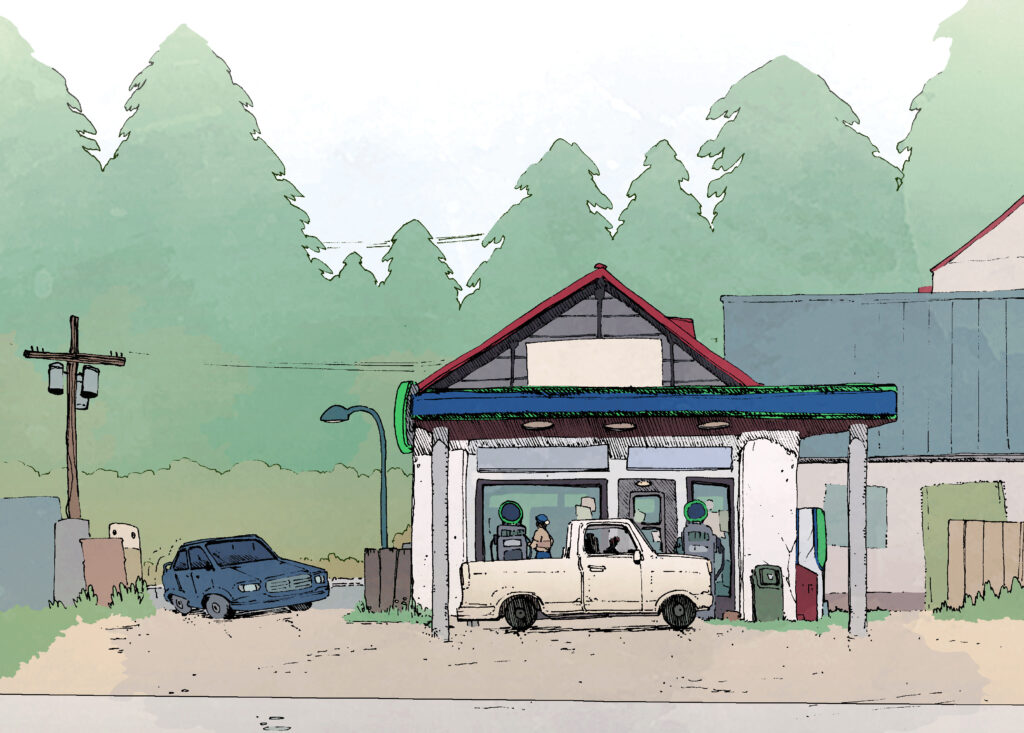 A comic panel from the graphic novel Sunny Side Down of a run down gas station
