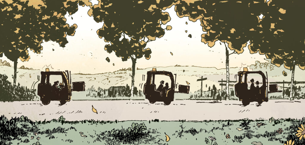 A comic panel from the graphic novel Sunny Side Down of a forklift driving through a rural landscape