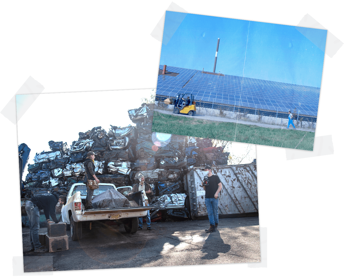 Two behind the scenes photos. A pick-up truck on a junkyard and a fortlift transporting a coffin.