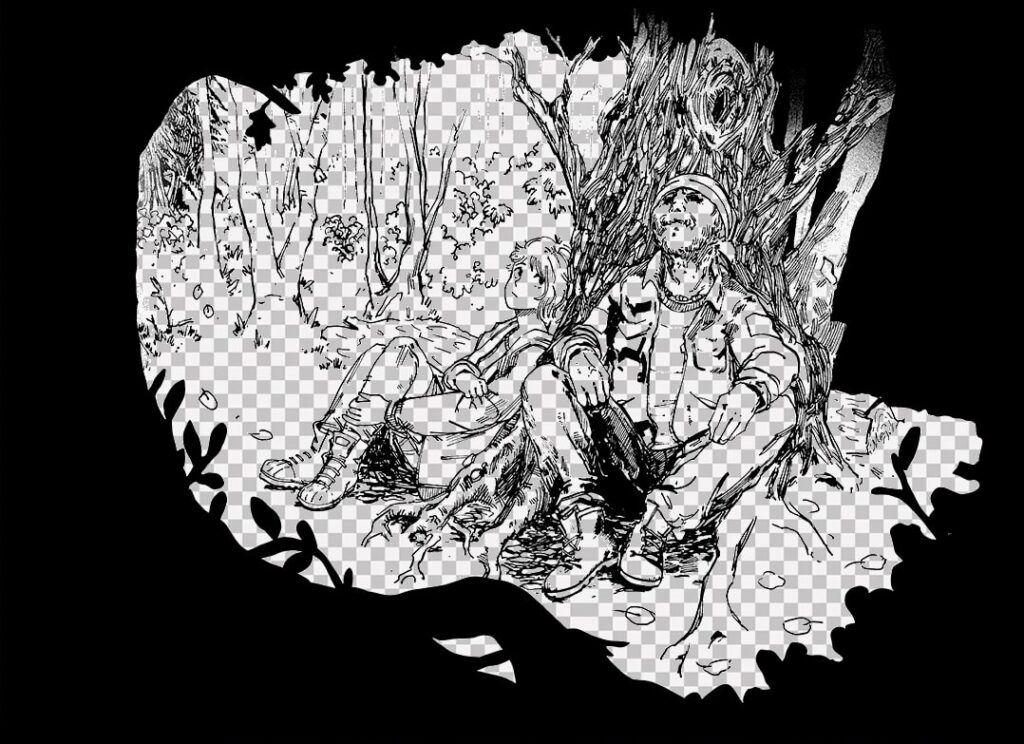 The inks of a panel showing sunny and Pit leaning against an old tree