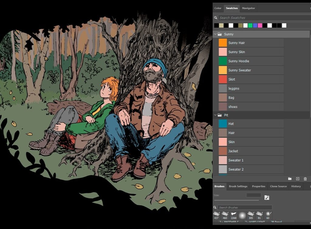A flattened comic panel incl. the swatches for colors often used