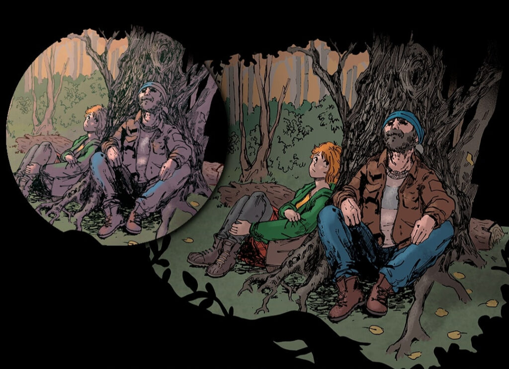 The comic panel with drawn in shadows