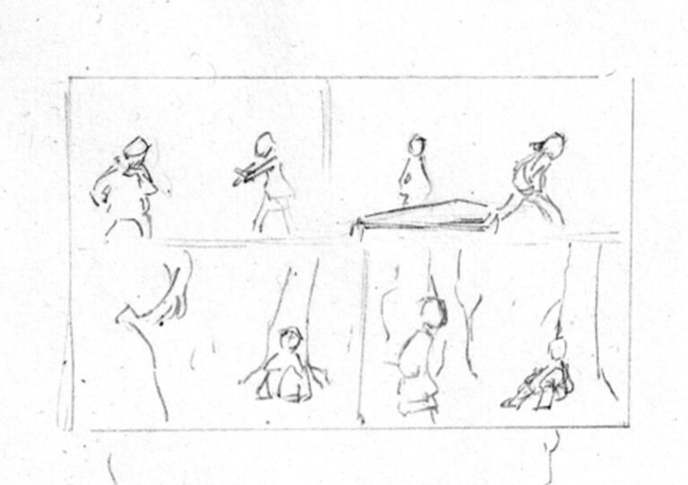 A quick sketch of four panels - Pit got hurt lifting a coffin and sits next to a tree