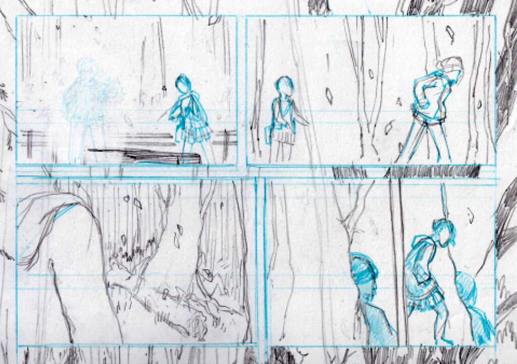 A work im progress pages with construction lines drawn by Amy
