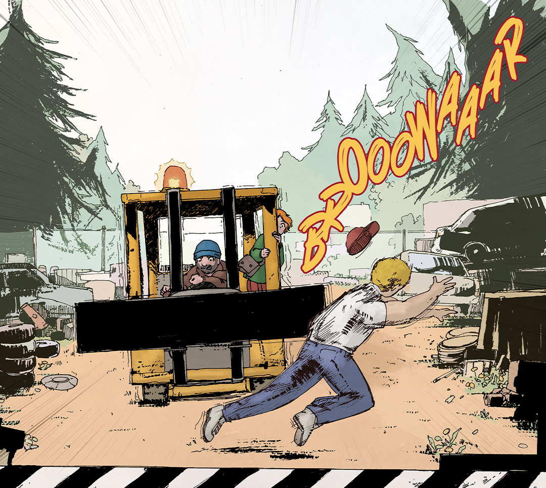 A forklift carring a coffin and a man jumping out of its path. A huge Brooowaar sound is being visible