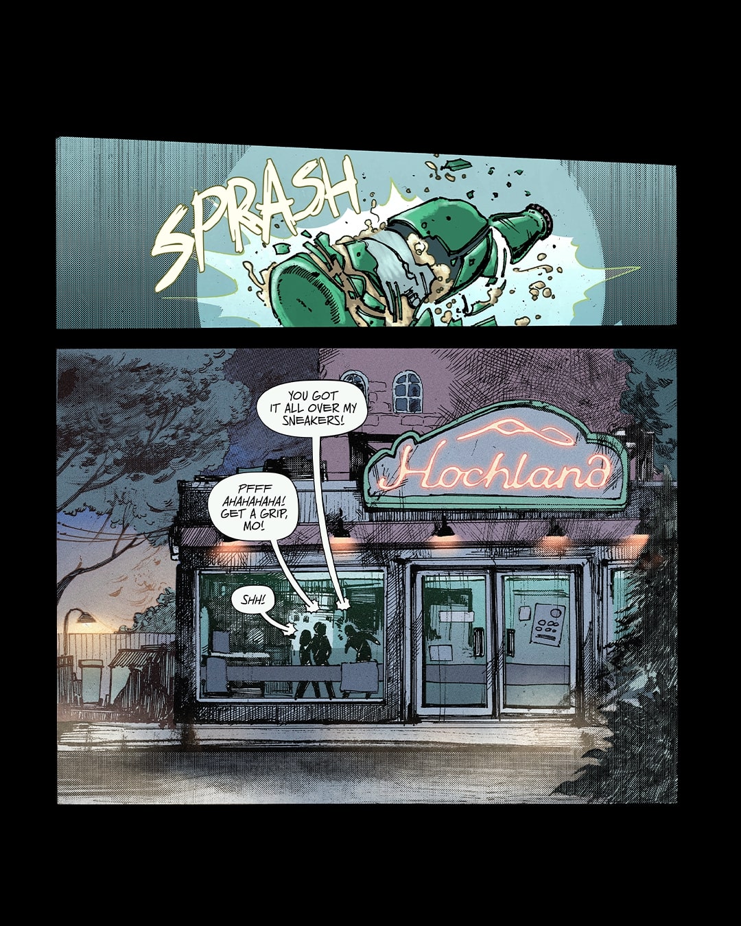 Two comic panel - a glas bottle breaking on the floor with a sprash sound and a group of youngsters arguing in a village store at night