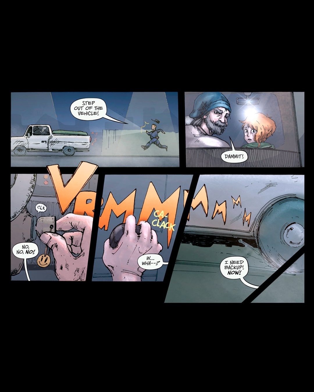 A series of comic panels of a pick up truck escaping in the night. A car key is turned, the gear is shifted and wheels are turning