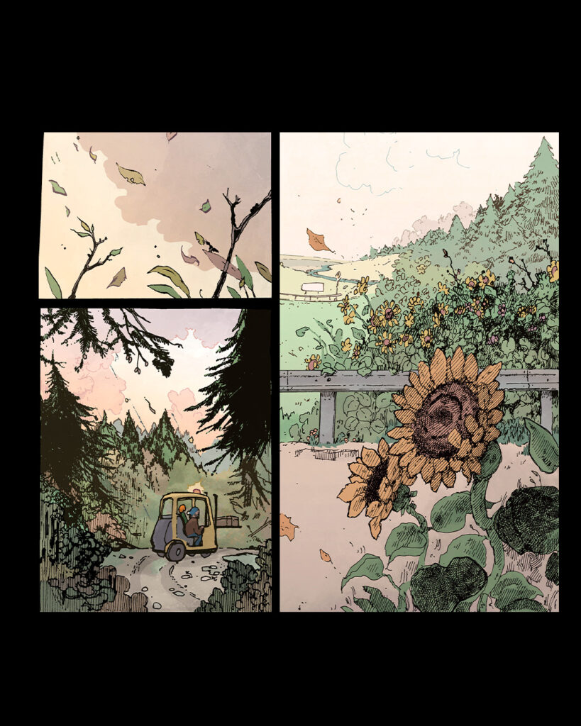 Three comic panels showing leaves in the wind, a forklift in a forest and a sunflower on the side of the road