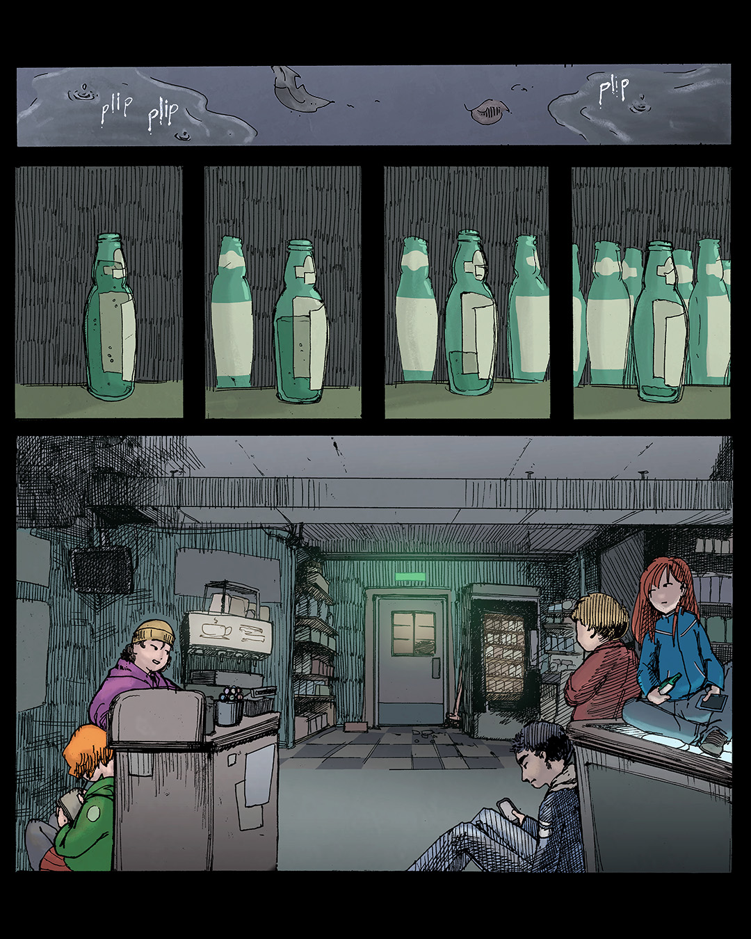 A couple of comic panels showing raindrops in puddles. A collection of empty bottles and a group of youngsters hanging out in a village store at night