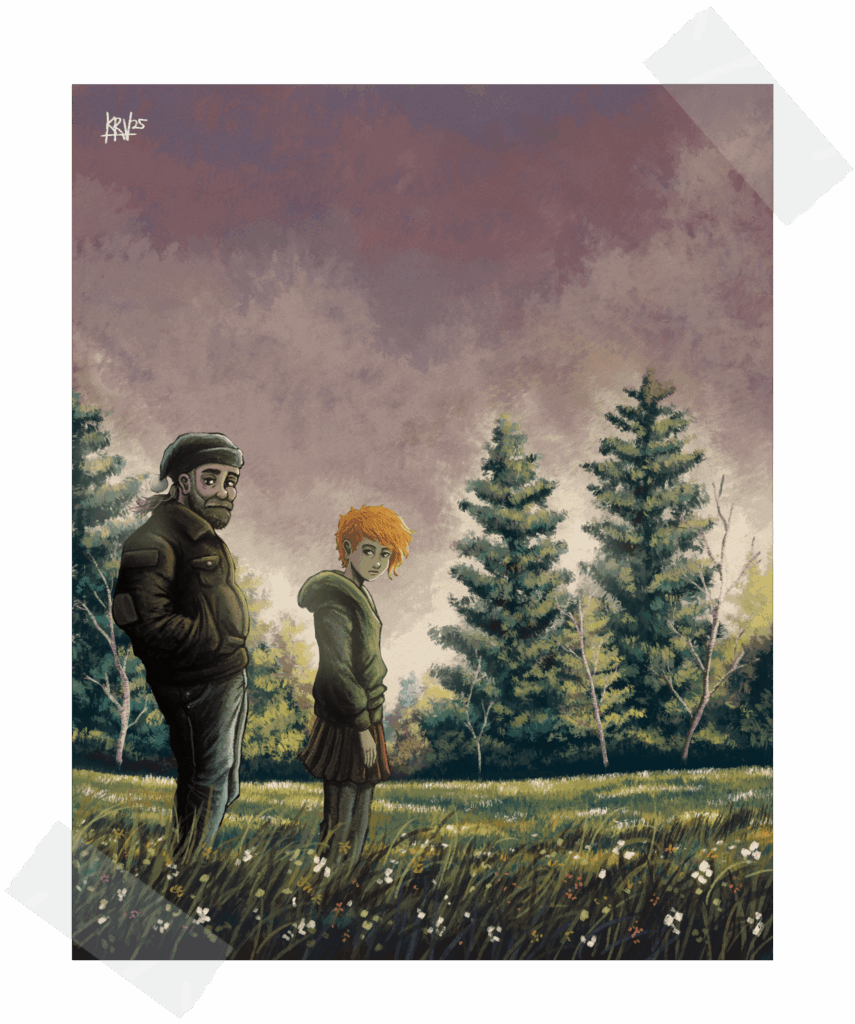 Sunny and Pit standing near a forest while the sun sets.