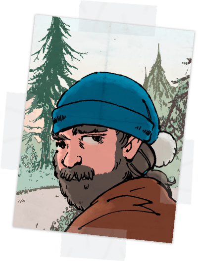 A comic panel from the graphic novel Sunny Side Down showing Pit in front of a forest